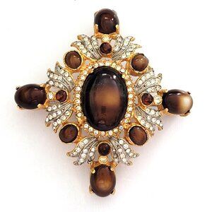 SOLD! KJL Kenneth J Lane Amber Cabochon Maltese Cross Brooch Gold Tone